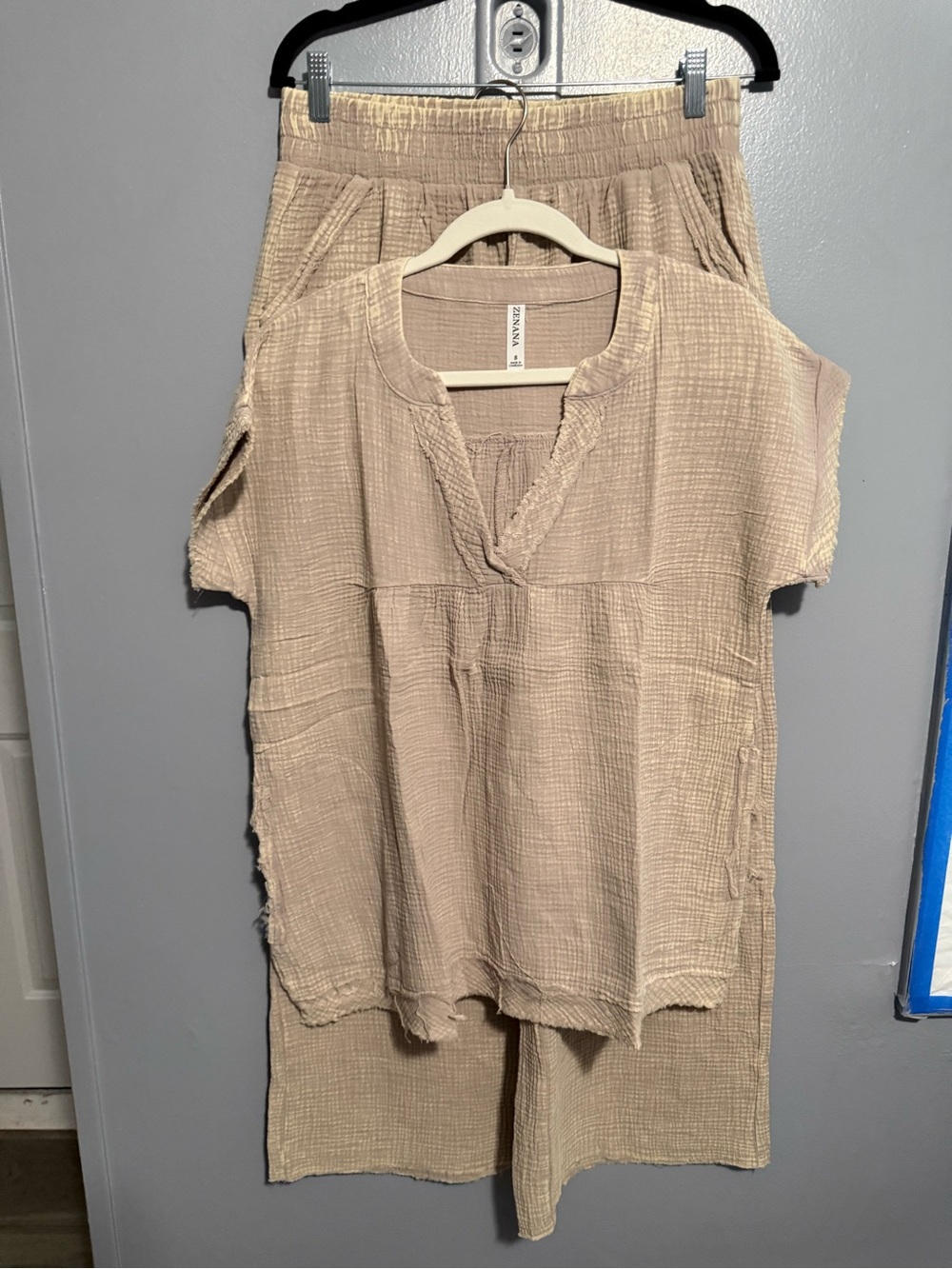 Zenana Acid Wash Ash Mocha Cotton Gauze Wide-Leg Pant Set - Top & Bottom - Picture 3 of 9
